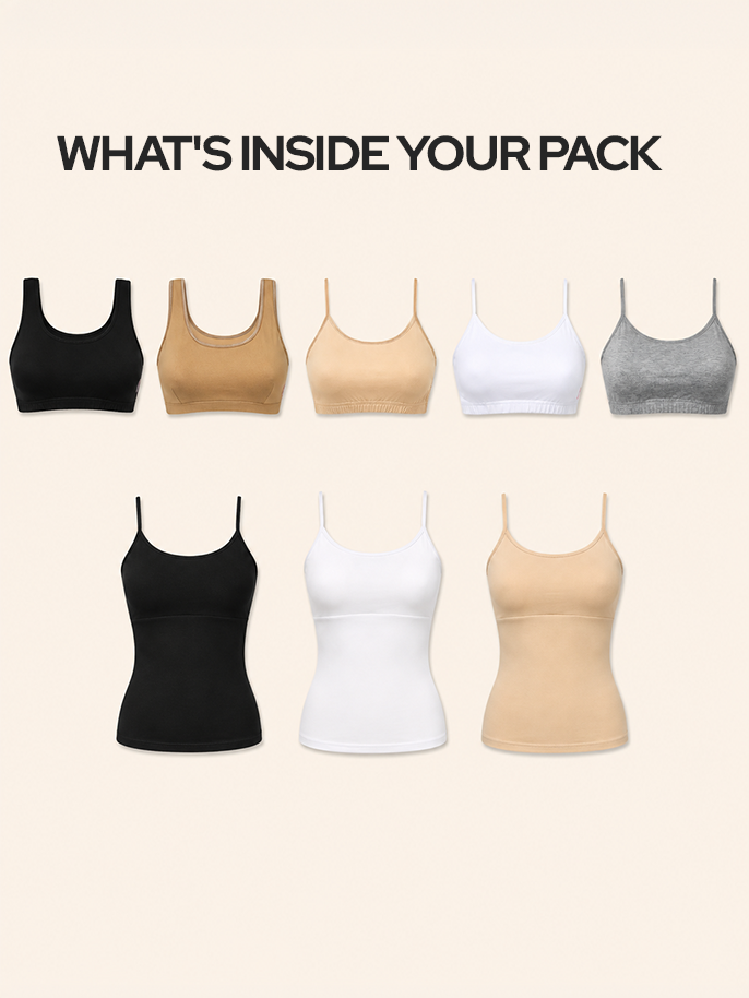Pack of 8 | Camisole & Sports Bra Combo – Padded & Non-Padded Cotton Bras for Teens
