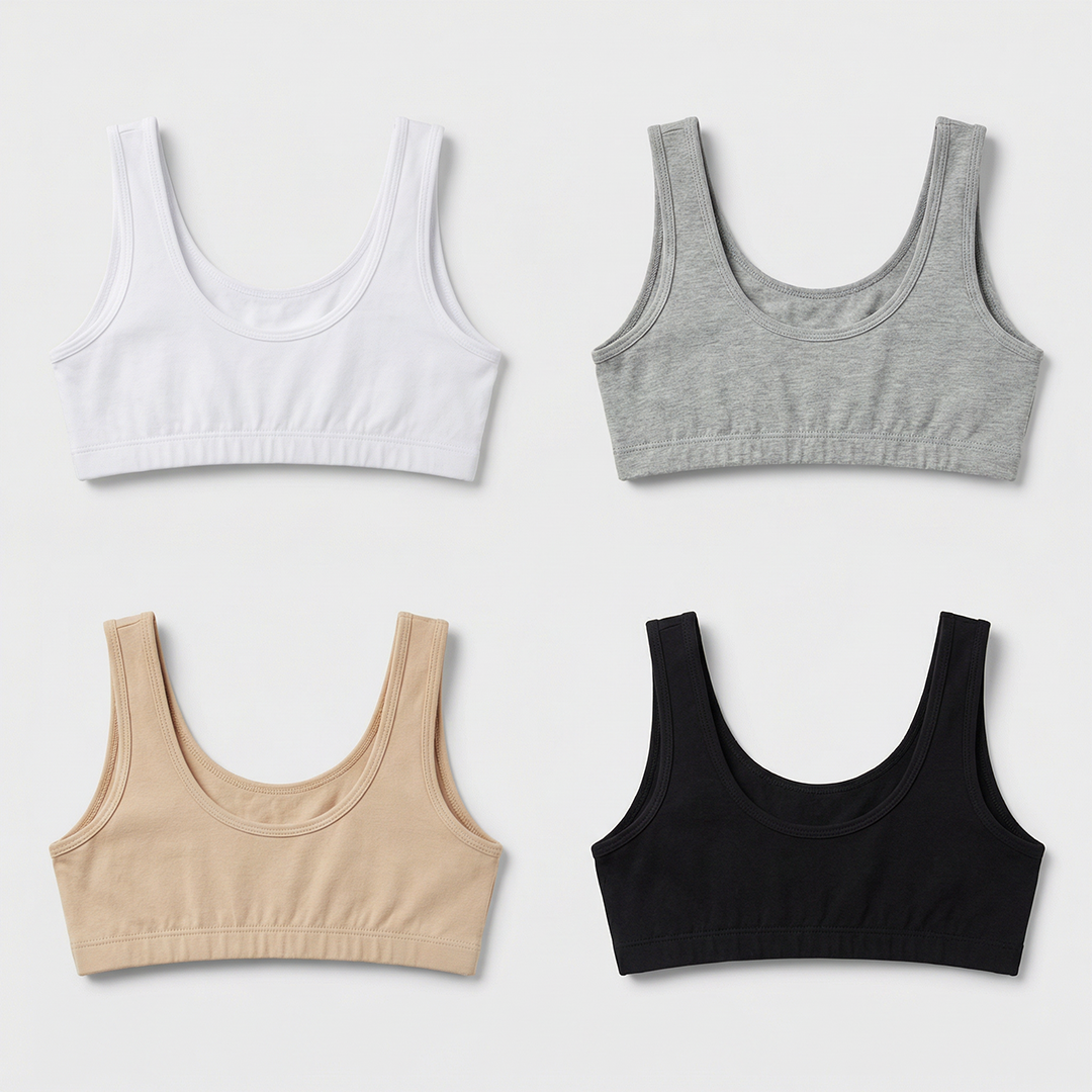 Pack of 4 | Broad Strap | Cotton Comfort | Removable Pads | Elasticated Underband | Good Support | Full Coverage | Multicolour | For Girls | D'CHICA Essentials | Gym Bra