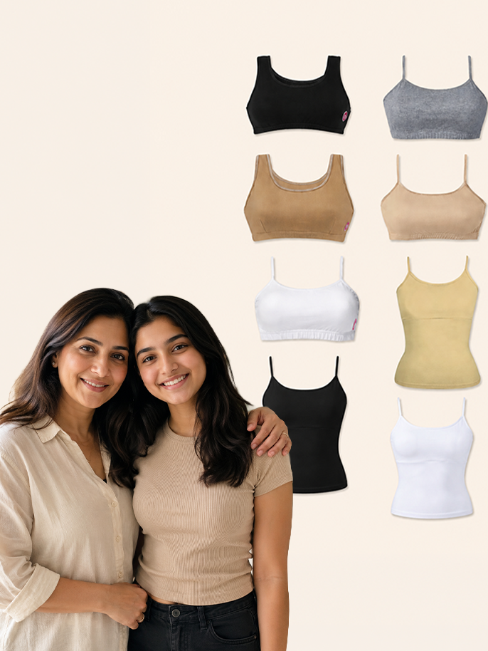 Pack of 8 | Camisole & Sports Bra Combo – Padded & Non-Padded Cotton Bras for Teens