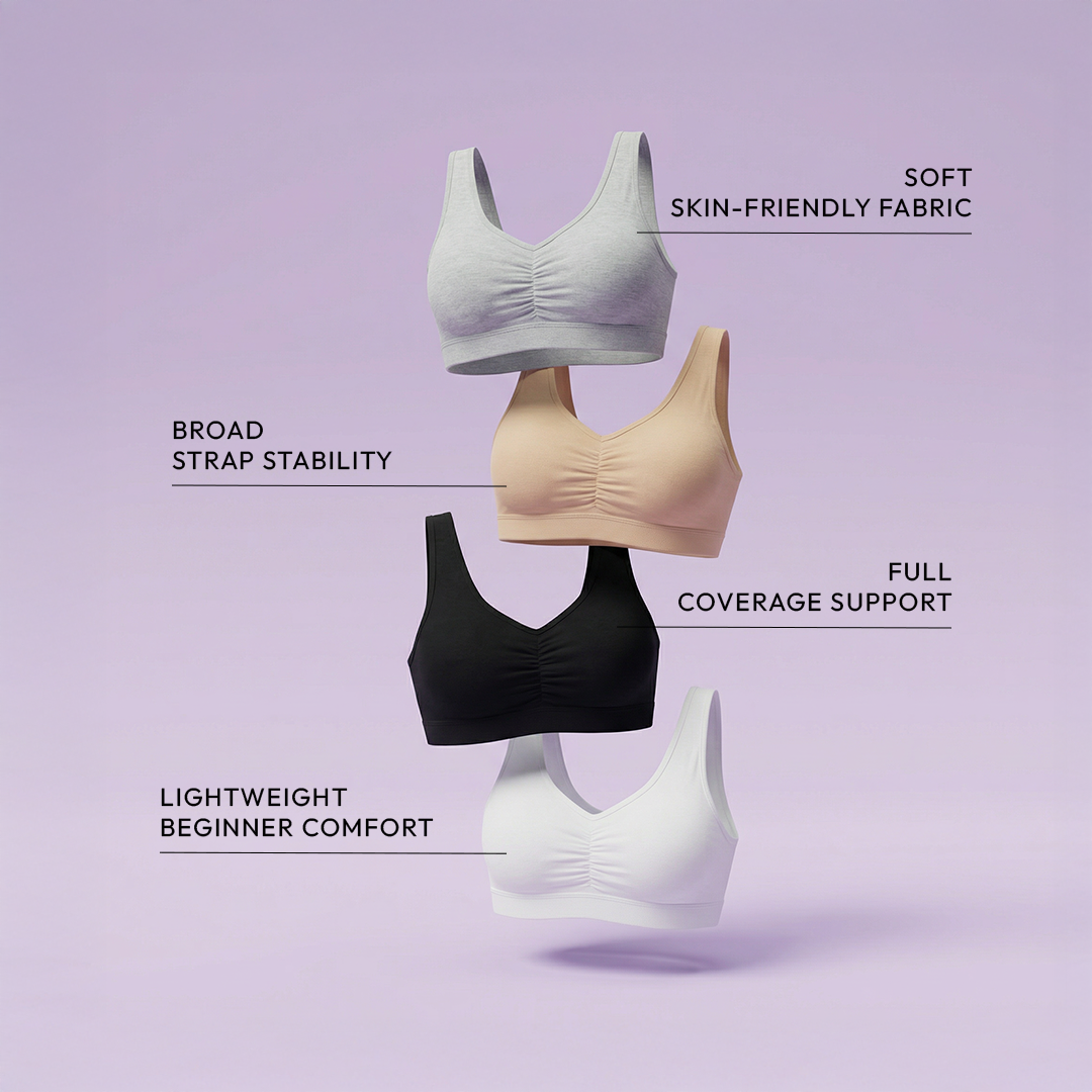 Pack of 2 | Removable Pads | Elasticated Underbrand | Good Support | Full Coverage | White & Grey Sports Bra | Broad Strap Cotton Gym Bra for Girls