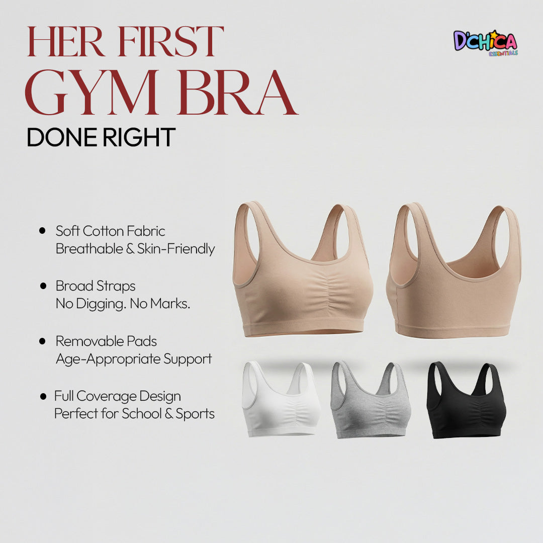 Pack of 2 | Removable Pads | Elasticated Underbrand | Good Support | Full Coverage | White & Grey Sports Bra | Broad Strap Cotton Gym Bra for Girls
