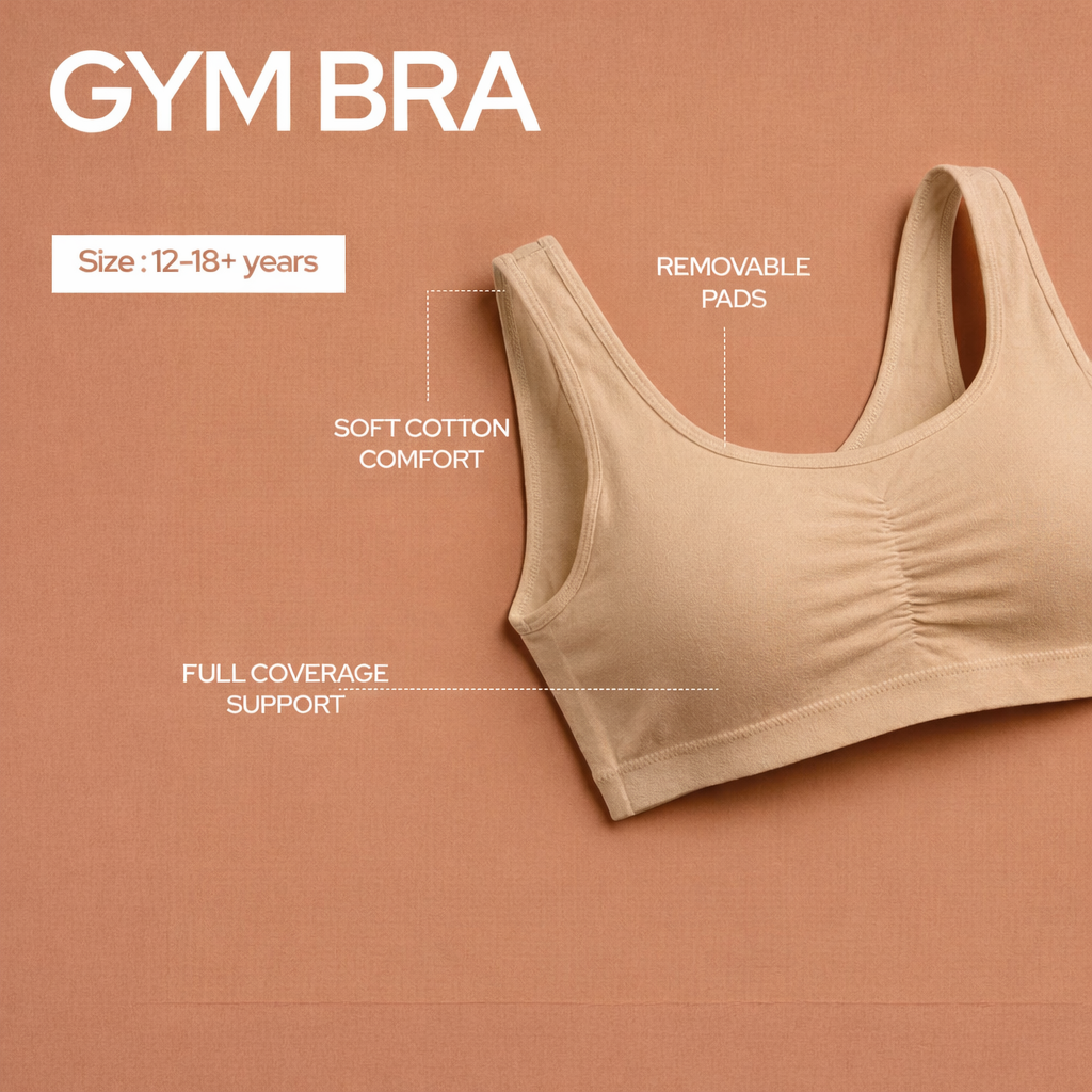 Pack of 2 | Removable Pads | Elasticated Underbrand | Good Support | Full Coverage | Grey & Skin Sports Bra | Broad Strap Cotton Gym Bra for Girls