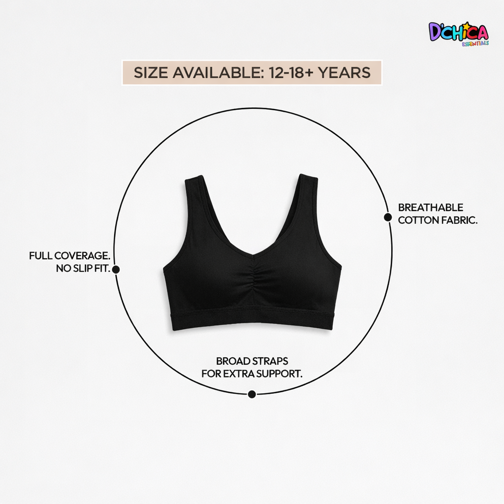 Pack of 2 | Removable Pads | Elasticated Underbrand | Good Support | Full Coverage | White & Black Sports Bra | Broad Strap Cotton Gym Bra for Girls
