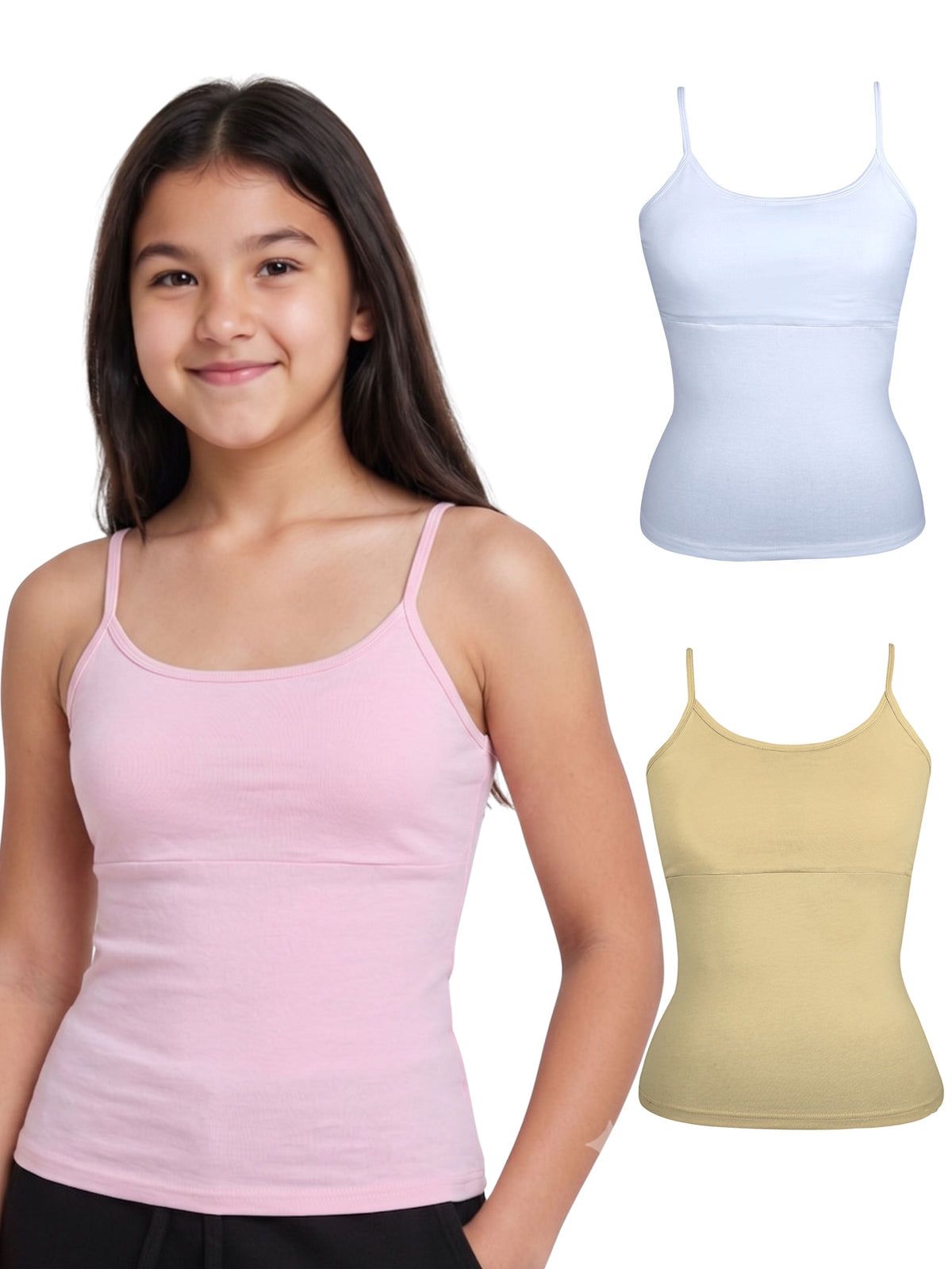 Pack of 3 Skin, Pink & White High Coverage Cotton Camisole Bra With Adjustable Strap For  Girls