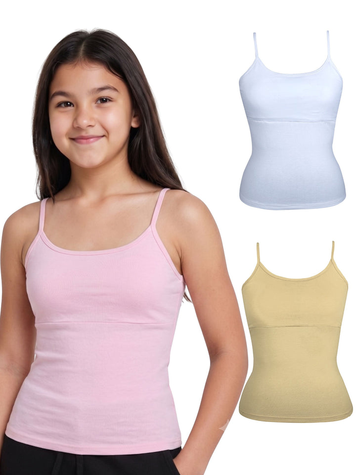 Pack of 3 Skin, Pink & White High Coverage Cotton Camisole Bra With Adjustable Strap For  Girls