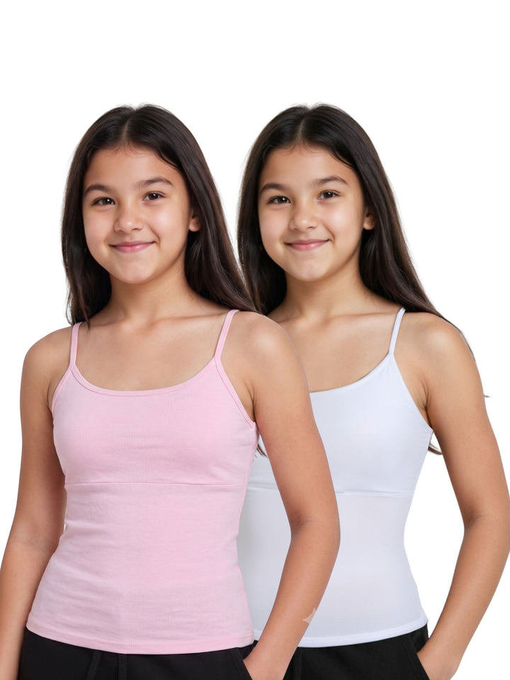 Pack Of 2 Pink & White High Coverage Cotton Camisole Bra With Adjustable Strap For Girls