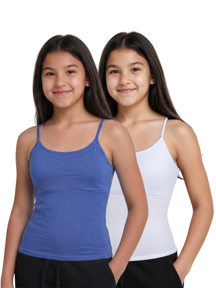 Pack Of 2 White & Blue  High Coverage Cotton Camisole Bra With Adjustable Strap For Girls