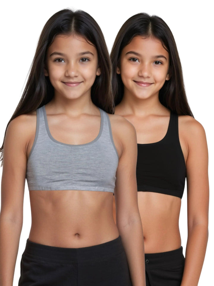 Pack of 2 | Removable Pads | Elasticated Underbrand | Good Support | Full Coverage | Grey & Black Sports Bra | Broad Strap Cotton Gym Bra for Girls