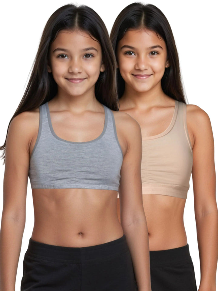 Pack of 2 | Removable Pads | Elasticated Underbrand | Good Support | Full Coverage | Grey & Skin Sports Bra | Broad Strap Cotton Gym Bra for Girls