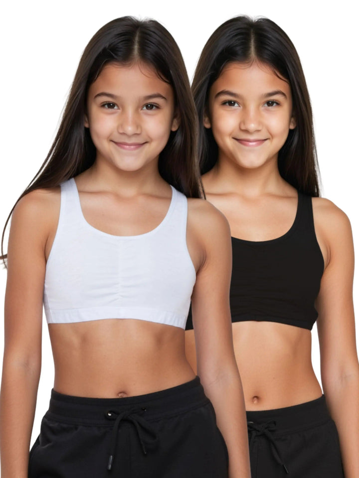 Pack of 2 | Removable Pads | Elasticated Underbrand | Good Support | Full Coverage | White & Black Sports Bra | Broad Strap Cotton Gym Bra for Girls