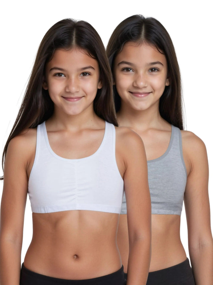 Pack of 2 | Removable Pads | Elasticated Underbrand | Good Support | Full Coverage | White & Grey Sports Bra | Broad Strap Cotton Gym Bra for Girls
