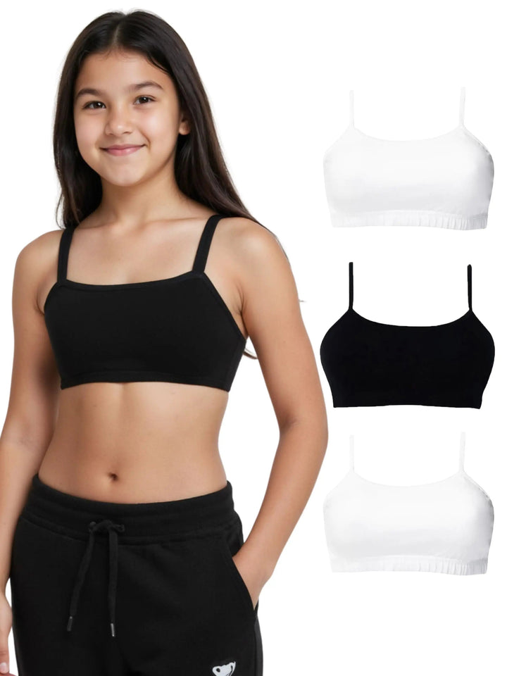 Pack of 4 | Double Layer | Thin Strap | Cotton Comfort | Non-Padded | Solid (White & Black) | Beginner Friendly | D'CHICA Essentials | Athletic Bra –