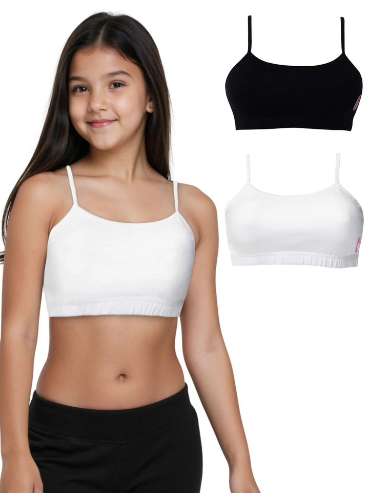 Pack of 3 | Double Layer | Thin Strap | Cotton Comfort | Non-Padded | Solid (White & Black) | Beginner Friendly | D'CHICA Essentials | Athletic Bra