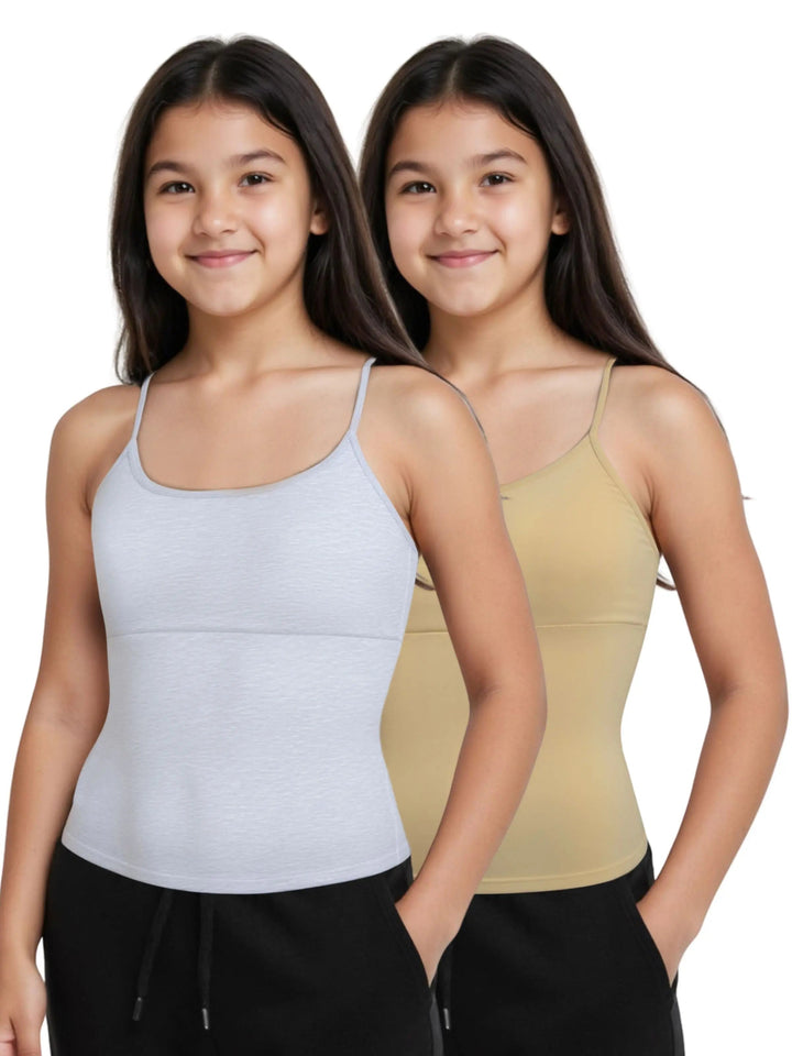 Pack of 2 | High Coverage Cotton Starter Camisole Bra in Grey and Skin Tone with Adjustable Straps