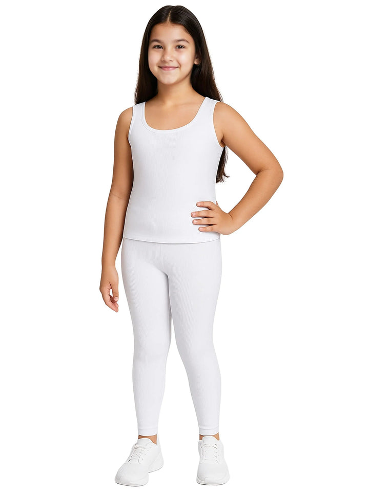 Pack of 1 | White Thermal Tank Top & Leggings For Girls | Regular Fit Warm Thermal Set