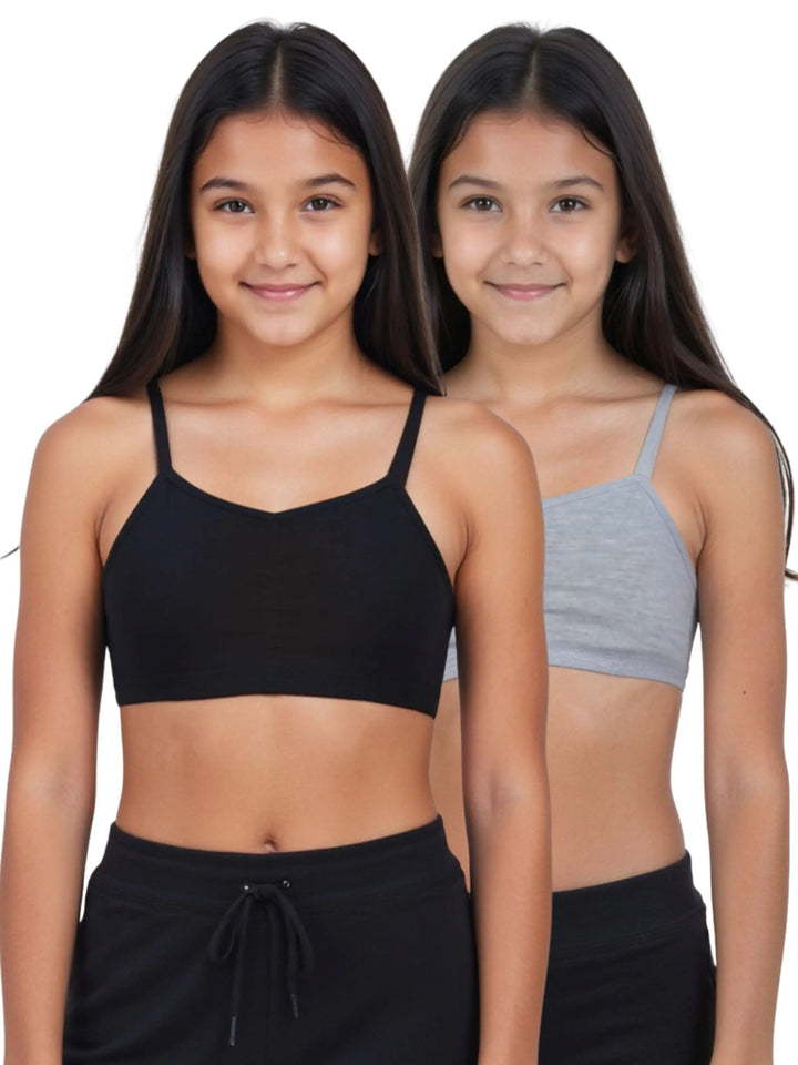 Pack of 2 | Removable Pads | Elasticated Underbrand | Good Support | Full Coverage | Grey & Black Sports Bra | Thin Strap Cotton Padded Sports Bra for Girls