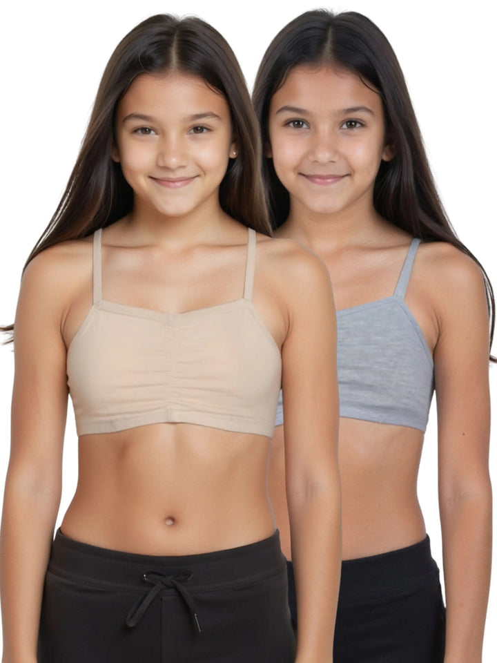 Pack of 2 | Removable Pads | Elasticated Underbrand | Good Support | Full Coverage | Grey & Skin Sports Bra | Thin Strap Cotton Padded Sports Bra for Girls