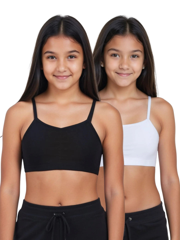 Pack of 2 | Removable Pads | Elasticated Underbrand | Good Support | Full Coverage | White & Black Sports Bra | Thin Strap Cotton Padded Sports Bra for Girls