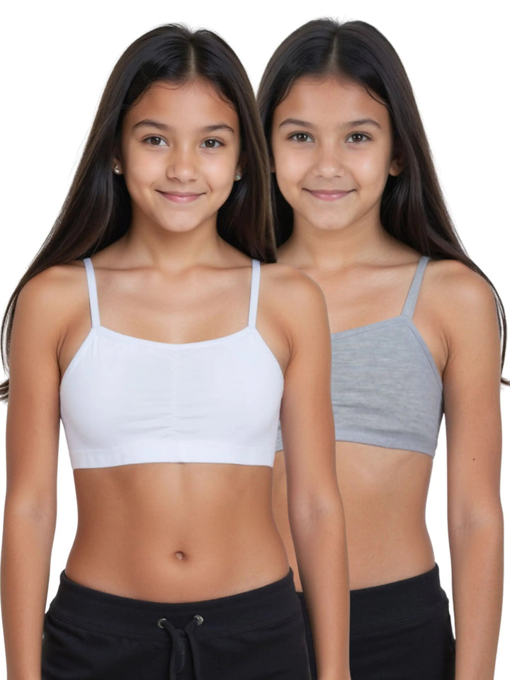 Pack of 2 | Removable Pads | Elasticated Underbrand | Good Support | Full Coverage | White & Grey Sports Bra | Thin Strap Cotton Padded Sports Bra for Girls
