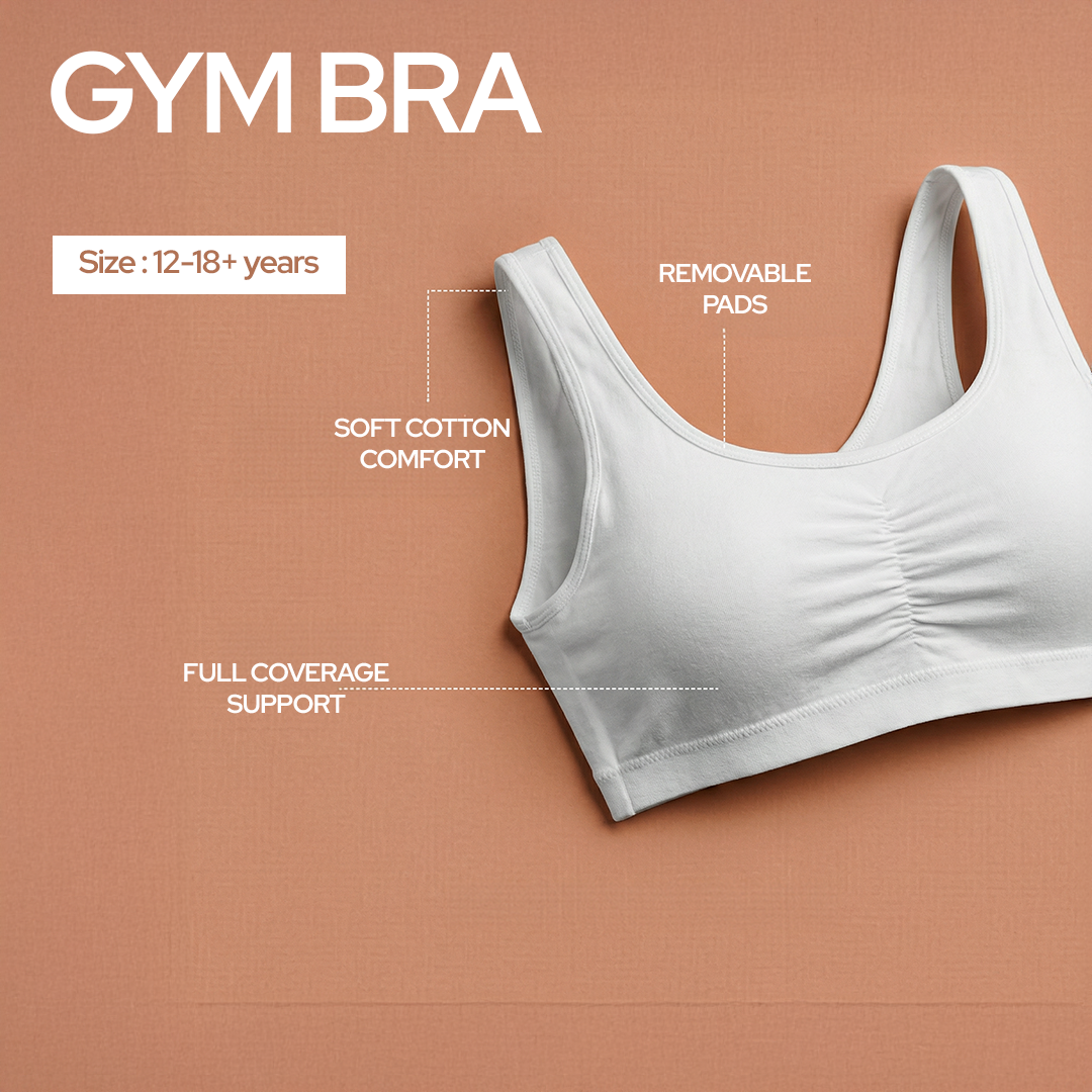 Pack of 2 | Removable Pads | Elasticated Underbrand | Good Support | Full Coverage | White & Black Sports Bra | Broad Strap Cotton Gym Bra for Girls