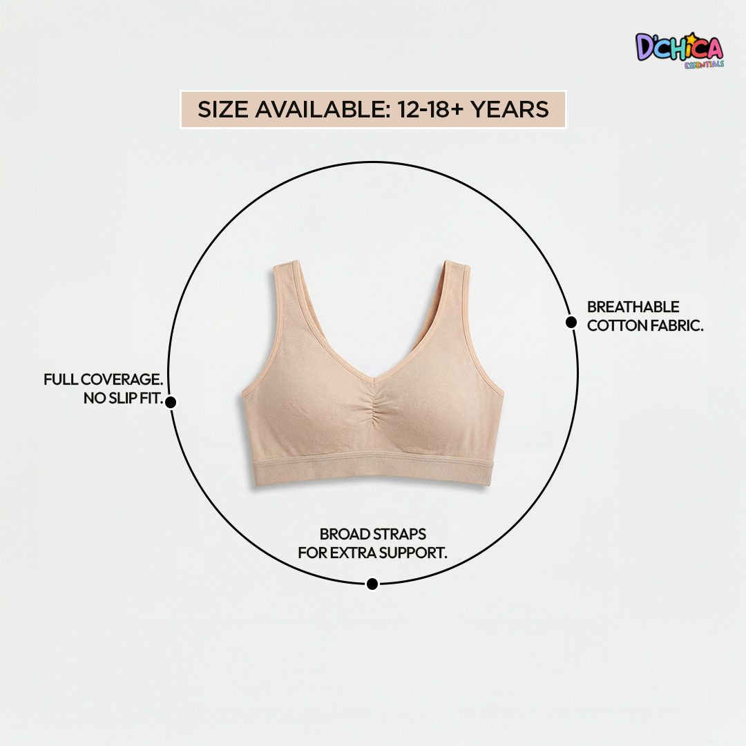 Pack of 2 | Removable Pads | Elasticated Underbrand | Good Support | Full Coverage | Grey & Skin Sports Bra | Broad Strap Cotton Gym Bra for Girls